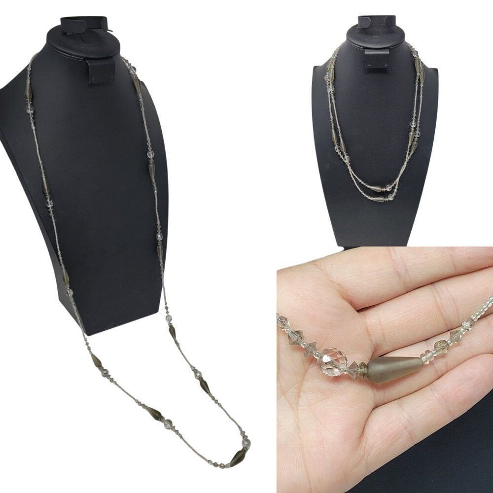 Vtg‎ Long Flapper Necklace Silver Smoky Gray AB Beaded Glass Versatile Opera